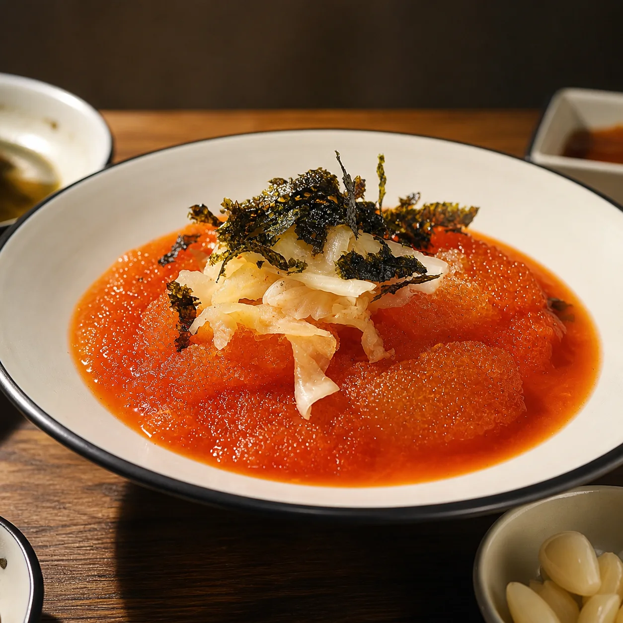 치자 면발 김치말이국수 메뉴 연출 사진