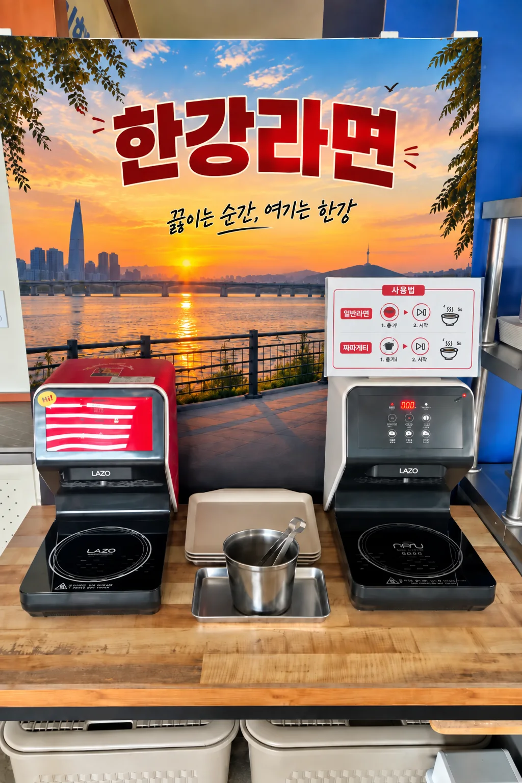 직접 라면을 끓여 먹는 을지삼겹 한강라면 기계 연출 사진